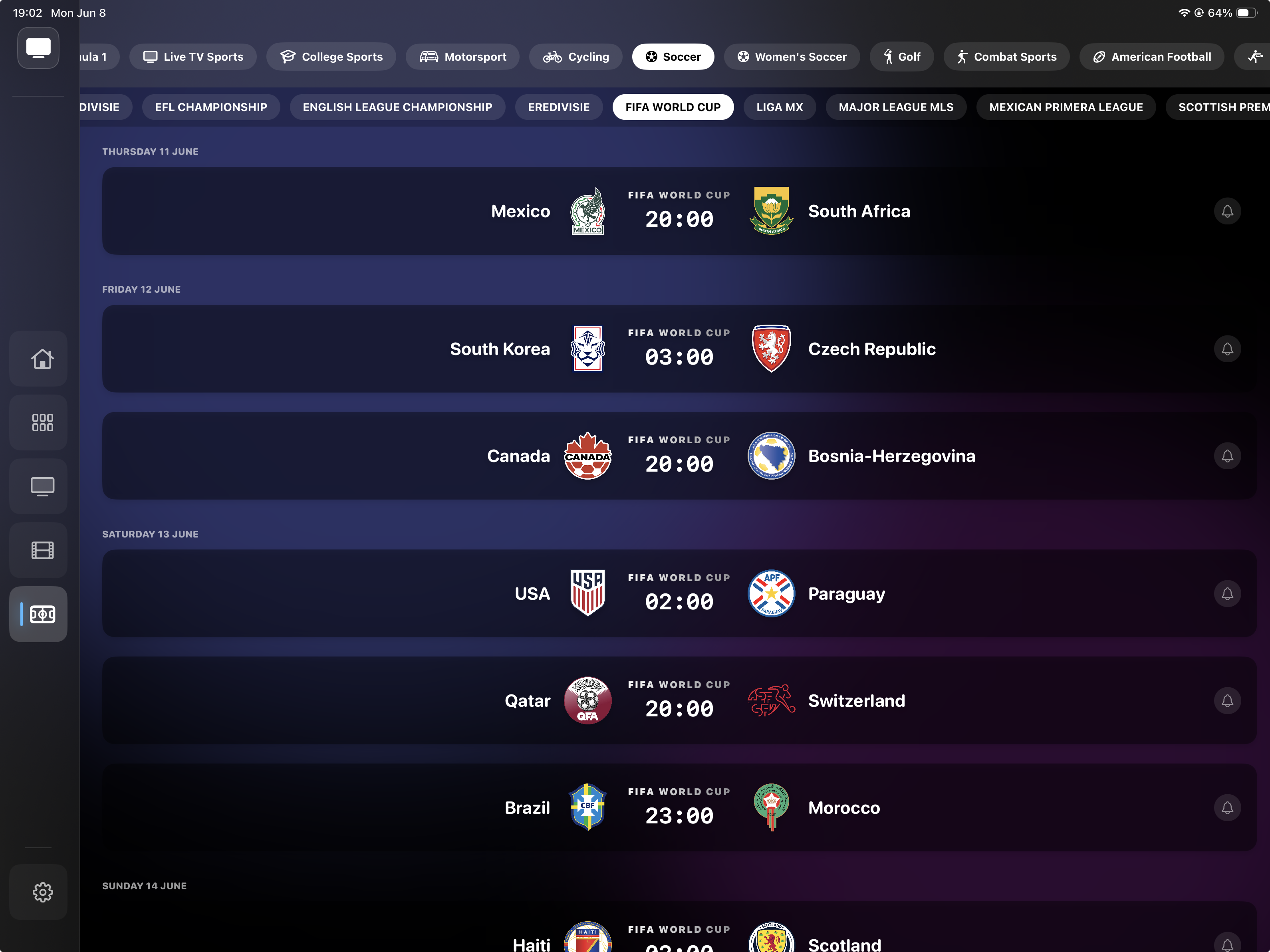 TivEPG Sports Hub on Apple TV and iPad showing upcoming FIFA World Cup fixtures and kick-off times